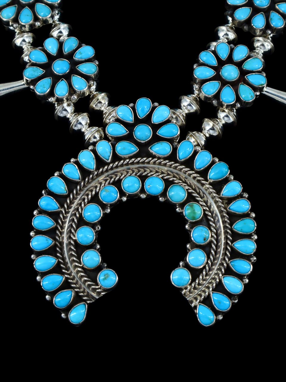 Native American Sleeping Beauty Turquoise Squash Blossom Necklace - PuebloDirect.com