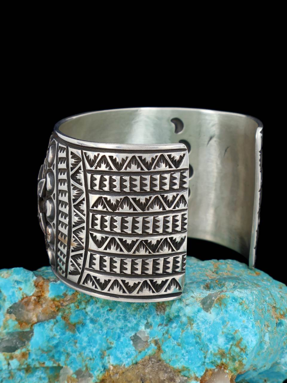 Native American Kingman Turquoise Sterling Silver Thunderbird Cuff Bracelet - PuebloDirect.com