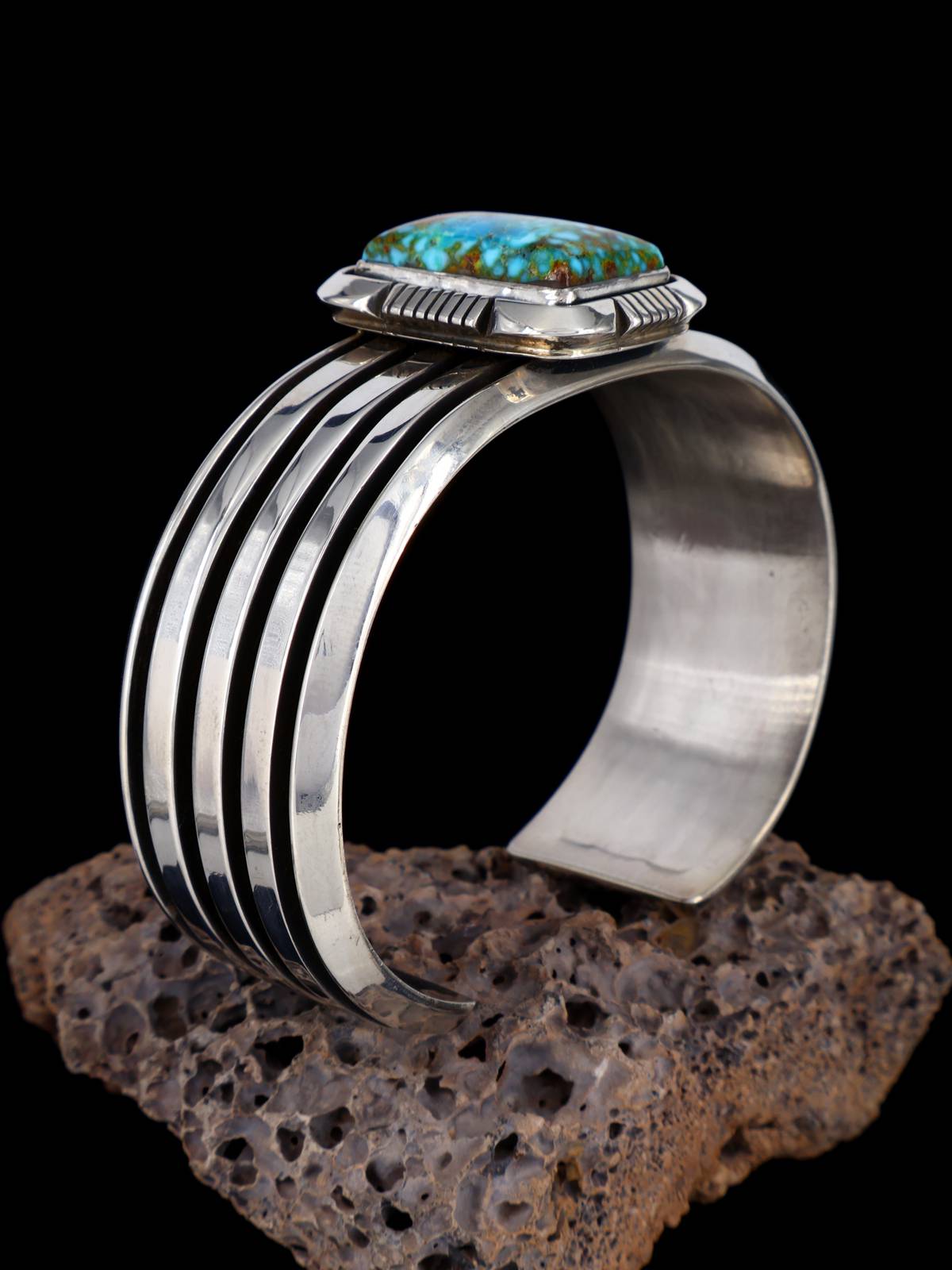 Native American Jewelry Kingman Turquoise Sterling Silver Cuff Bracelet - PuebloDirect.com