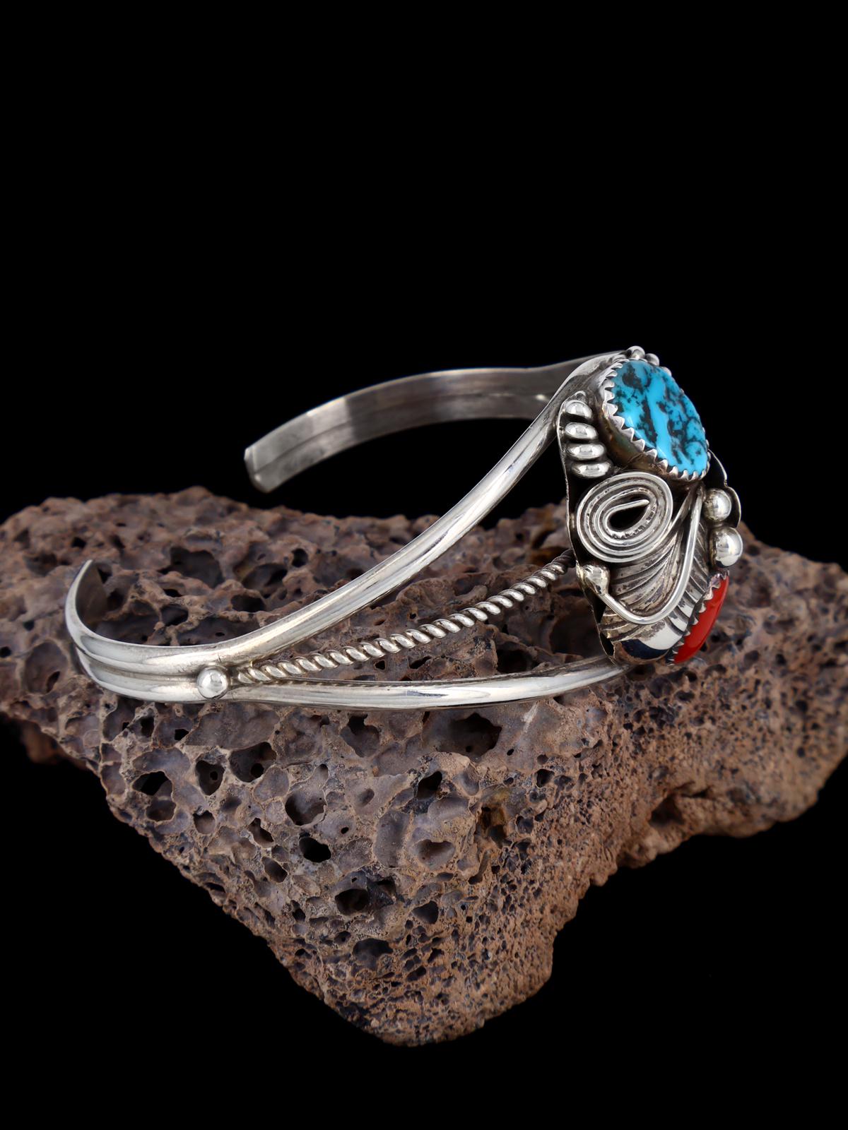 Native American Sterling Silver Turquoise and Coral Cuff Bracelet