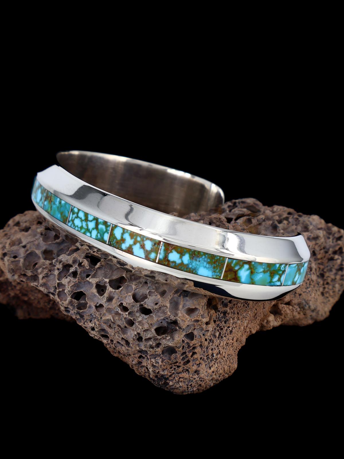 Zuni Inlay Heavy Sterling Silver Kingman Turquoise Cuff Bracelet - PuebloDirect.com