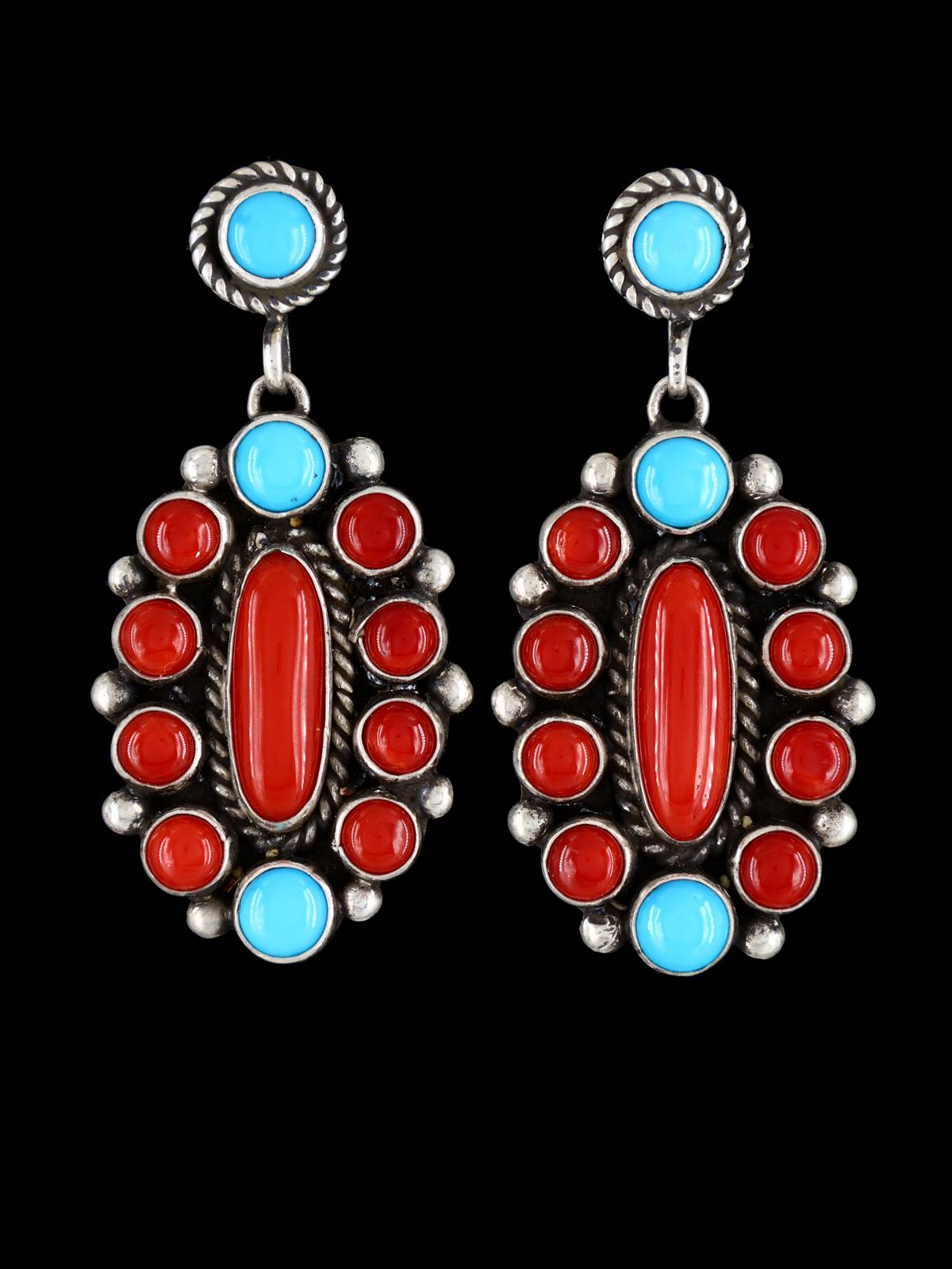 Natural Coral and Turquoise Navajo Sterling Silver Post Earrings - PuebloDirect.com