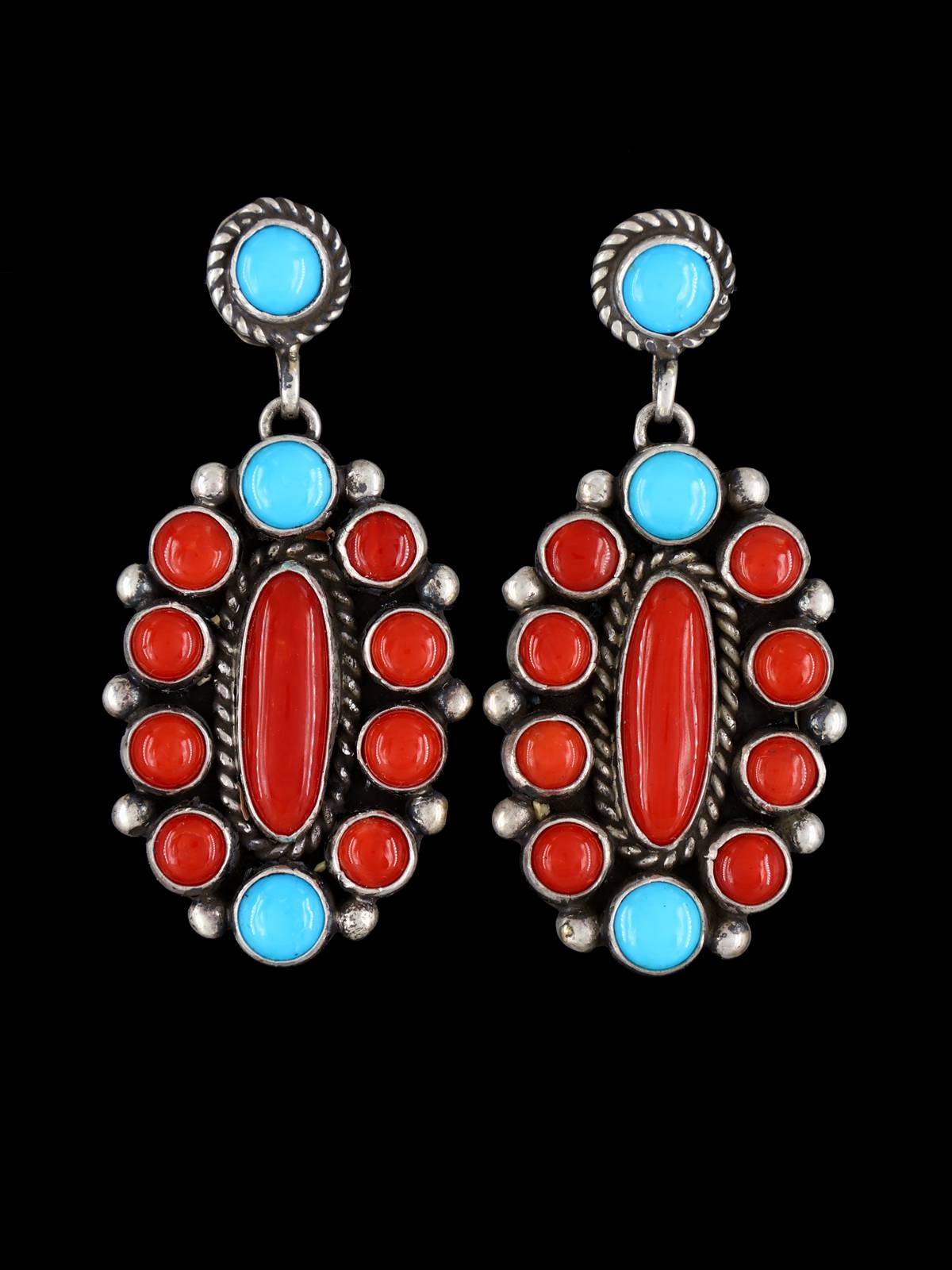 Natural Coral and Turquoise Navajo Sterling Silver Post Earrings - PuebloDirect.com