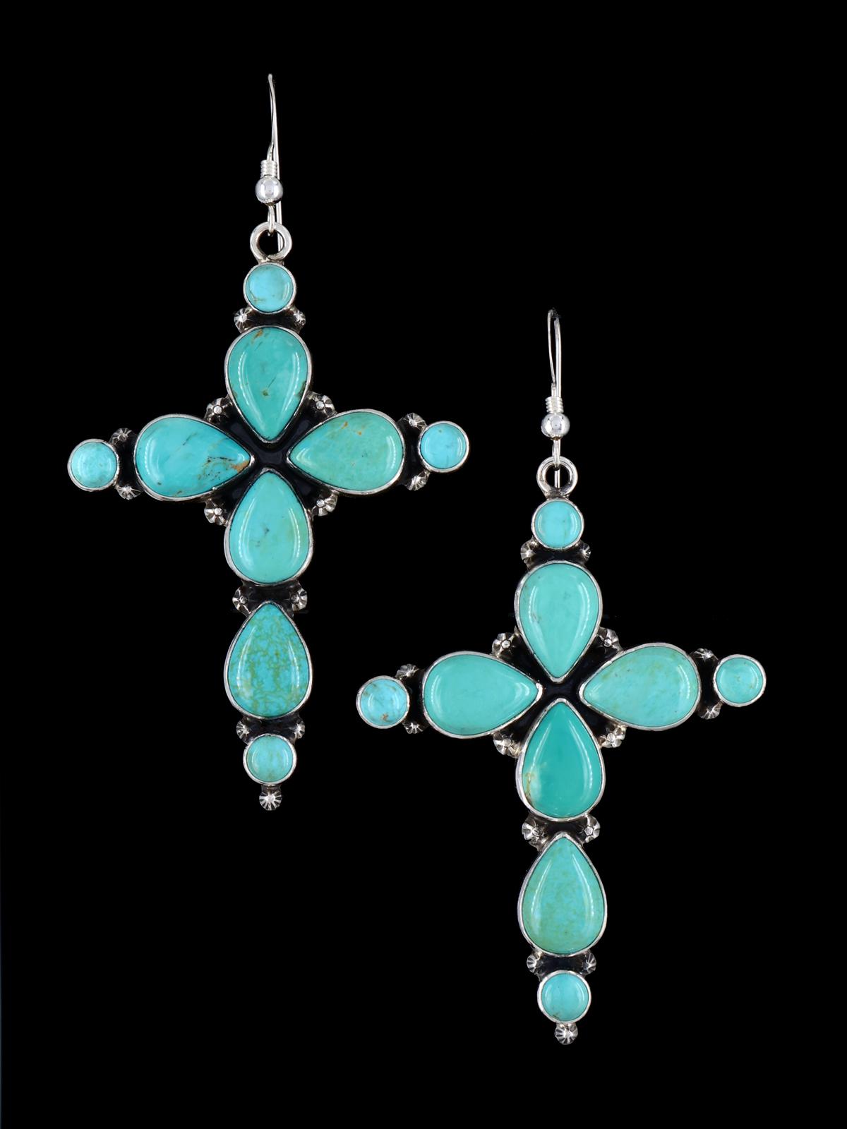 Navajo Sterling Silver Turquoise Cross Dangle Earrings - PuebloDirect.com