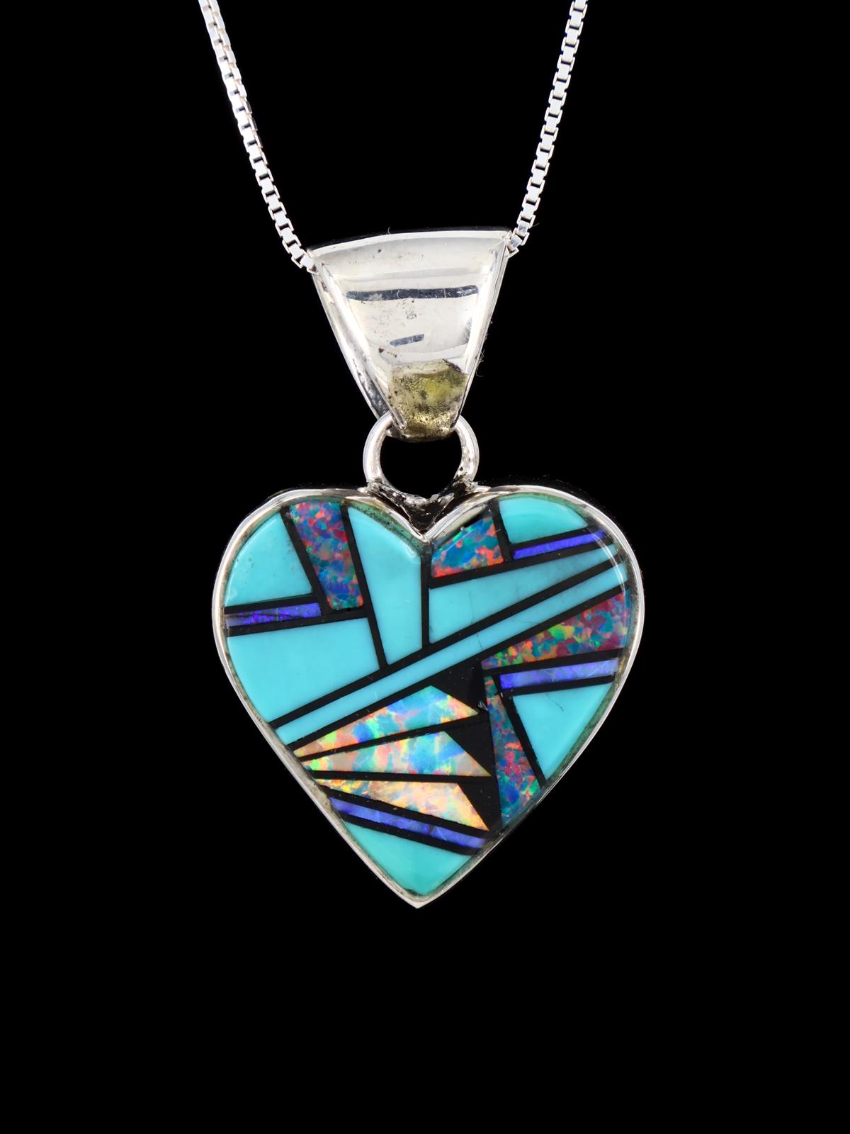 Navajo Turquoise and Opalite Mosaic Inlay Heart Pendant