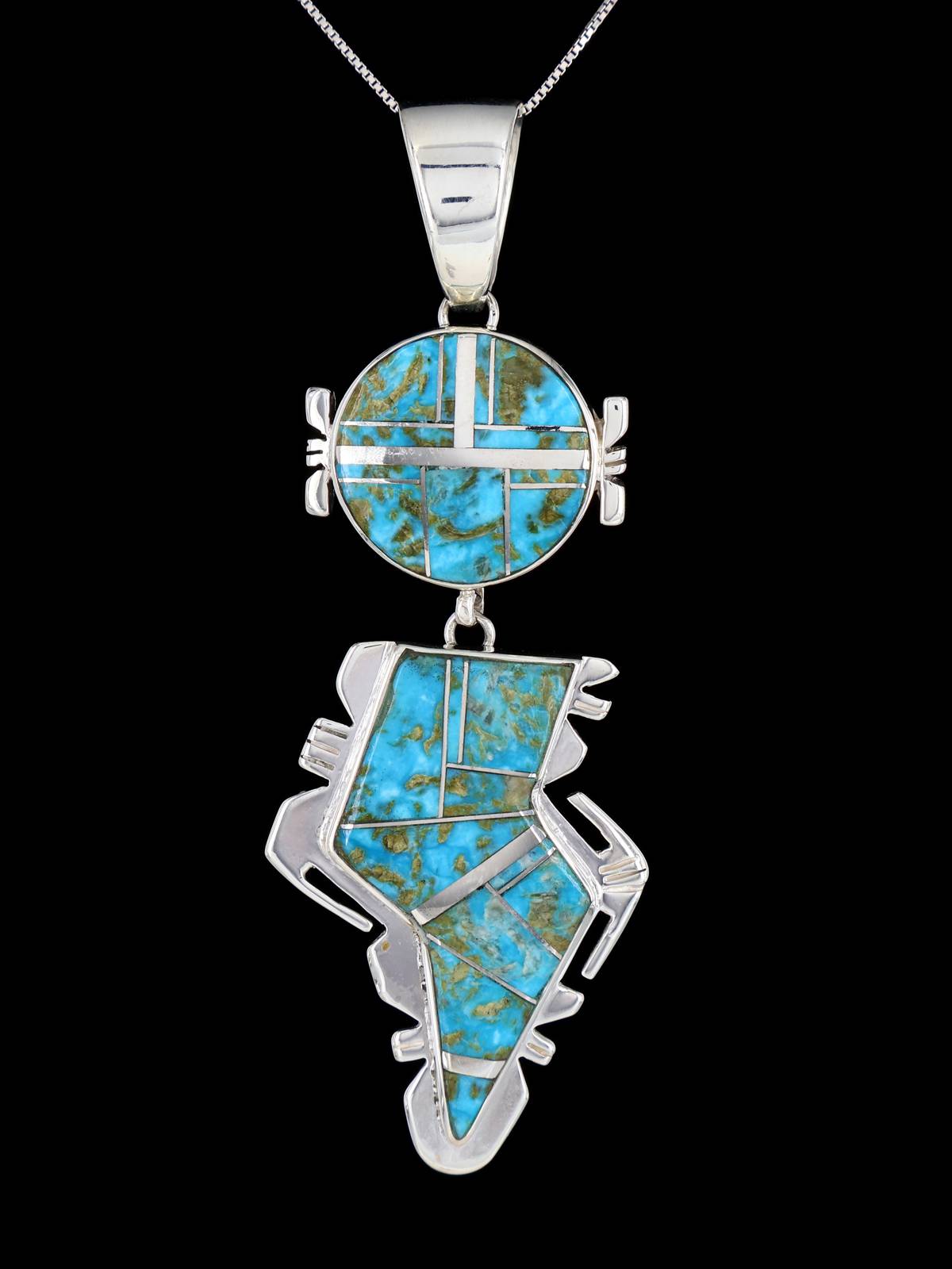 Navajo Turquoise Inlay Yei Sterling Silver Pendant - PuebloDirect.com