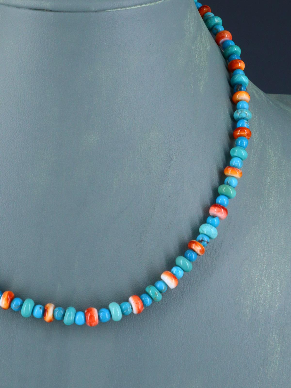 16" Navajo Single Strand Spiny Oyster and Turquoise Necklace - PuebloDirect.com
