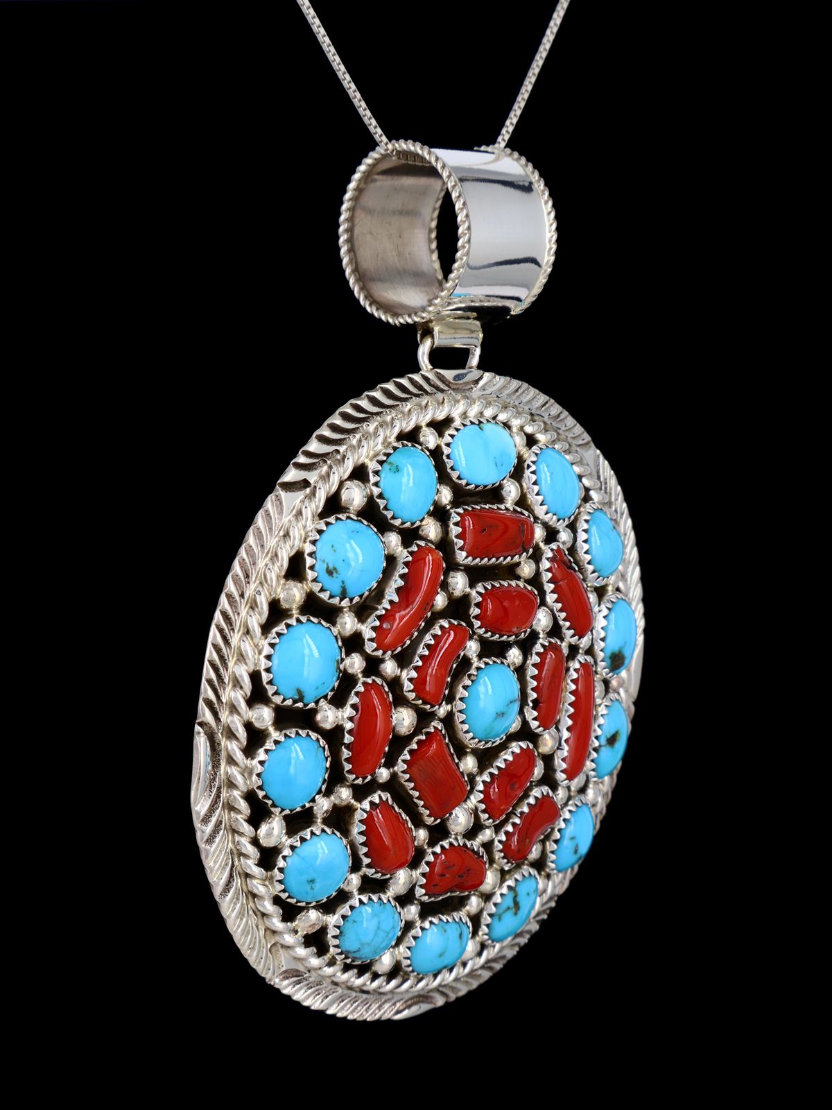 Native American Kingman Turquoise and Coral Cluster Pendant - PuebloDirect.com