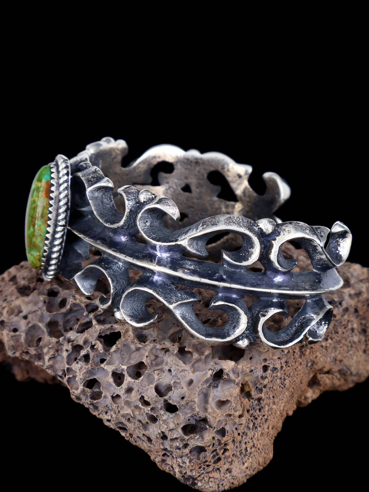 Navajo Royston Turquoise Sandcast Sterling Silver Cuff Bracelet - PuebloDirect.com