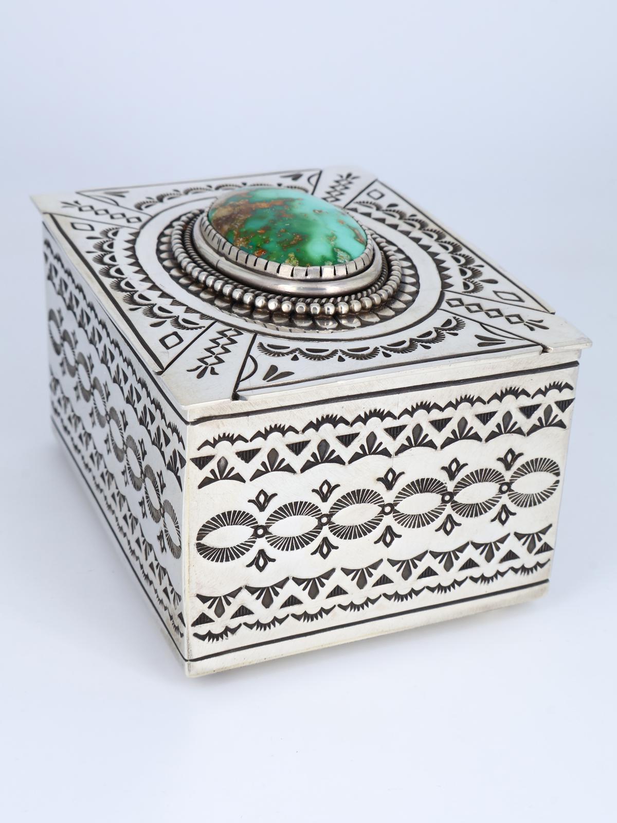Navajo Sterling Silver Natural Royston Turquoise Stamped Jewelry Box - PuebloDirect.com