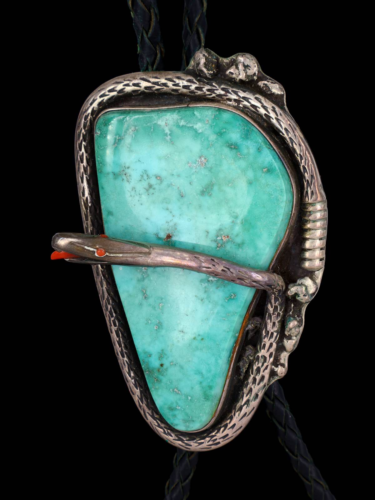 Old Vintage Navajo Jewelry Sterling Silver Turquoise Snake Bolo Tie - PuebloDirect.com