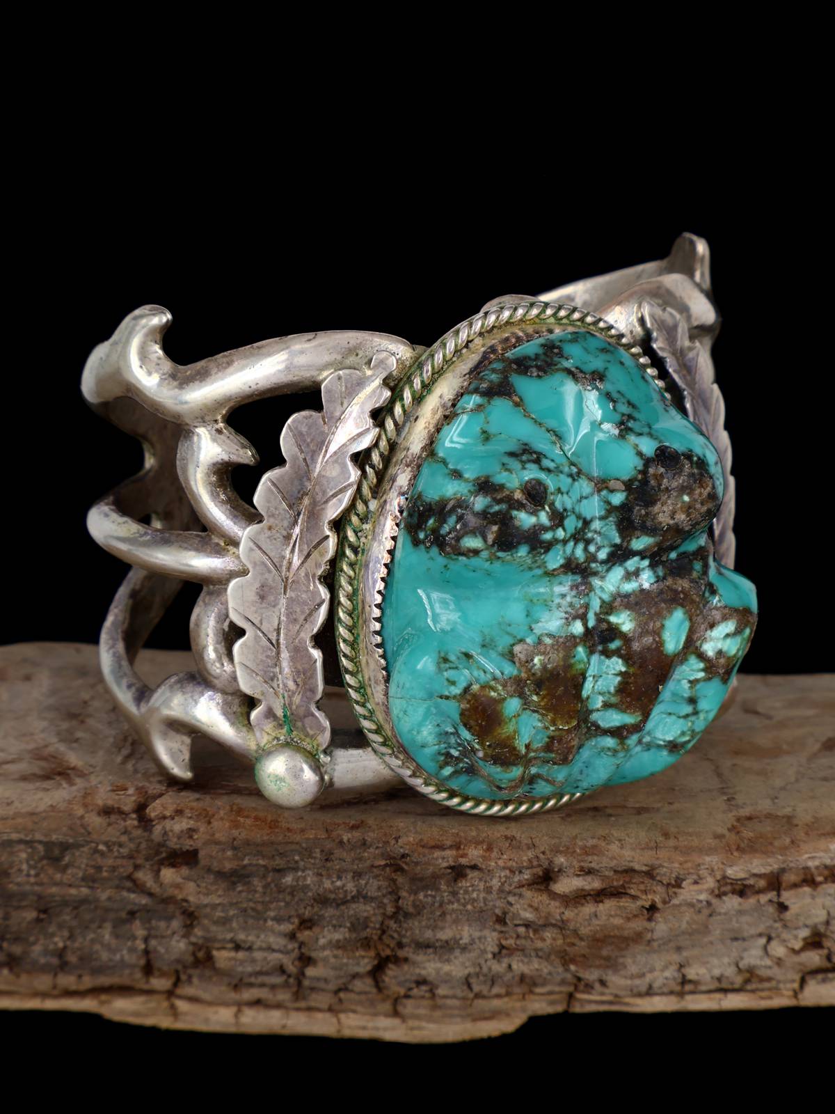Vintage Estate Sterling Silver Carved Turquoise Frog Bracelet - PuebloDirect.com