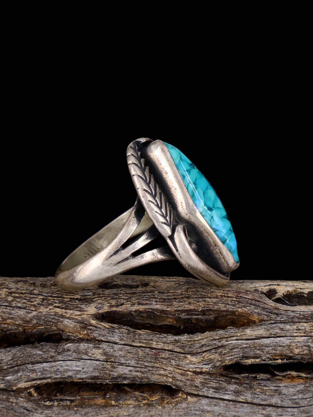 Vintage Sterling Silver Turquoise Chip Inlay Ring, Size 7 1/4 - PuebloDirect.com