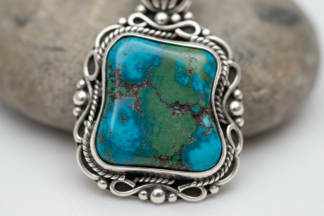 Artistic macro shot of a single turquoise stone pendant with intricate silver setting.
Focus on texture and matrix of the stone, shallow depth of field, minimal environment, premium editorial style.