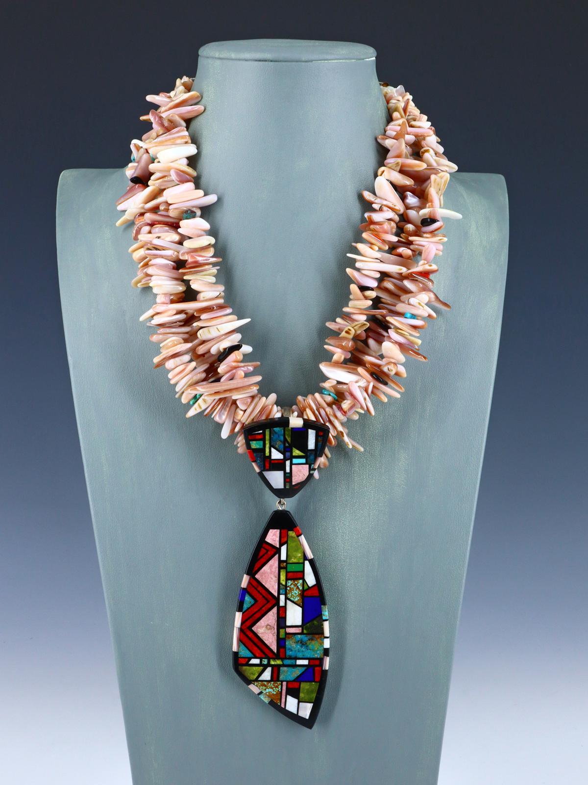 Native American Santo Domingo Mosaic Inlay Pink Shell Necklace