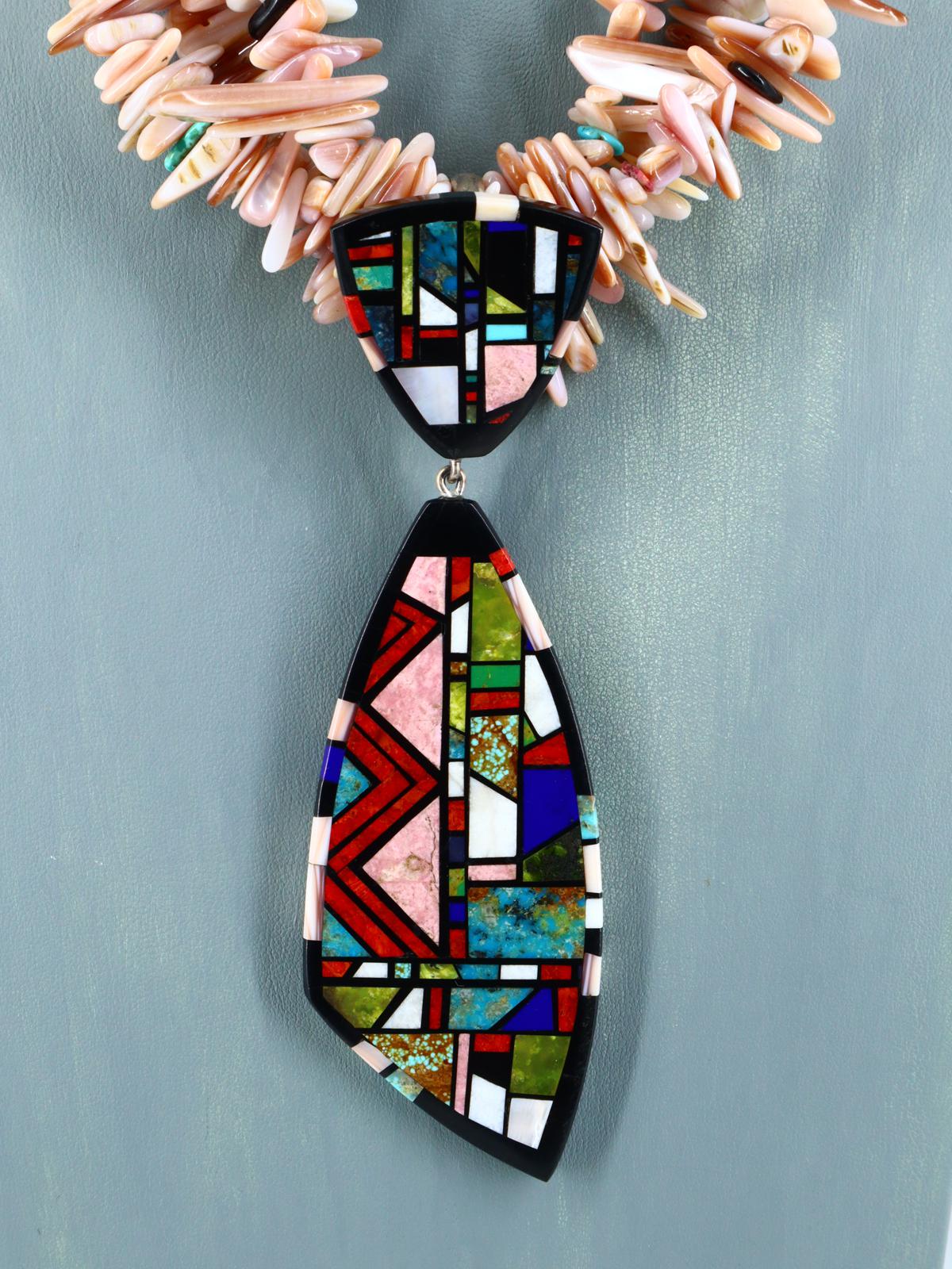 Native American Santo Domingo Mosaic Inlay Pink Shell Necklace