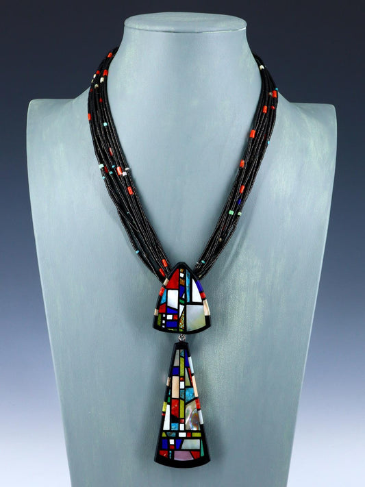 Native American Santo Domingo Mosaic Inlay Black Jet Necklace
