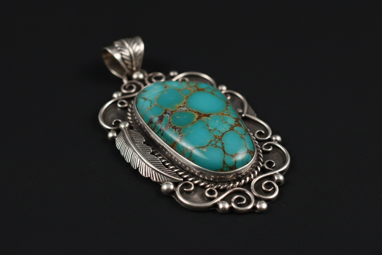 Close-up still life of a handcrafted Native American silver pendant with vibrant natural turquoise stone.
Black background, sharp details, soft shadow, gallery lighting, subtle texture of silver and matrix in the stone, minimal reflection, high resolution.