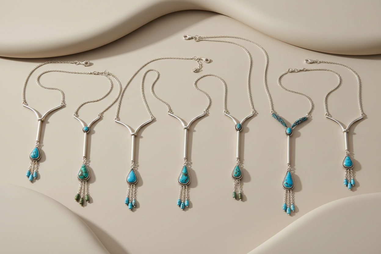Create a minimalistic horizontal banner image for a Native American Lariat / Y-style necklace collection.
Image size 800px width × 400px height.

Feature a refined arrangement of Y-shaped and drop-style lariat necklaces, laid flat with gentle curves that naturally emphasize the vertical drop element.
Each necklace should visually guide the eye downward, highlighting the signature Y silhouette and dangling ends.

Show a mix of sterling silver chains and soft bead elements, accented with natural turquoise sto