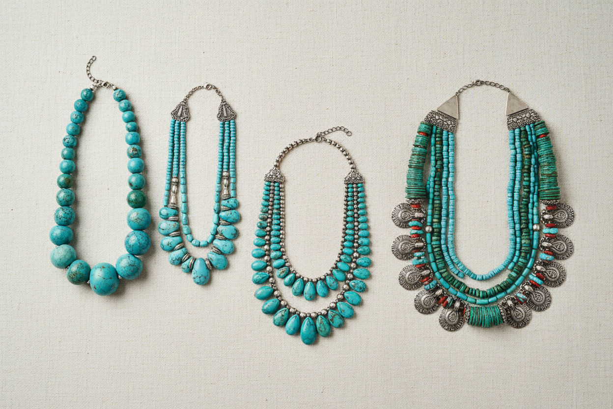 Create a minimalistic horizontal banner image for a Native American multi-strand and chunky statement necklace collection.
Image size 800px width × 400px height.

Feature a carefully styled selection of heavy, multi-strand Native American necklaces, arranged flat in a gentle arc to emphasize volume and craftsmanship without overcrowding.

Show variation across single, three, five, and eight-strand designs, including chunky turquoise bead necklaces, graduated turquoise layouts, and bold multi-strand composit