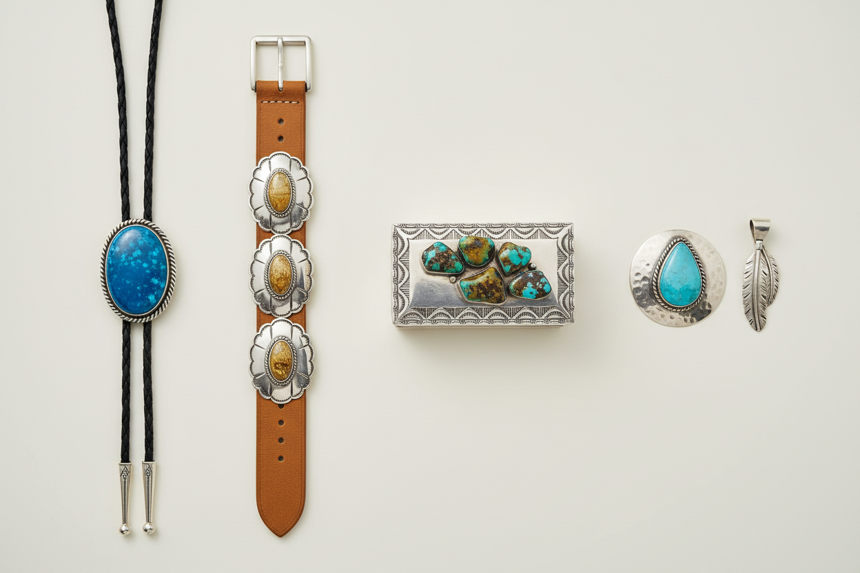 Create a minimalistic horizontal banner image for a Native American special accessories collection.
Image size 800px width × 400px height.

Show a curated mix of Native American sterling silver turquoise accessories — bolo ties, a turquoise concho belt, a stamped silver jewelry box, and a turquoise pin pendant.
Turquoise stones include natural varieties such as Kingman, Golden Hill, Sonoran Gold, and Blue Moon.

Arrange the accessories with intentional spacing and balance, allowing each piece to feel distin