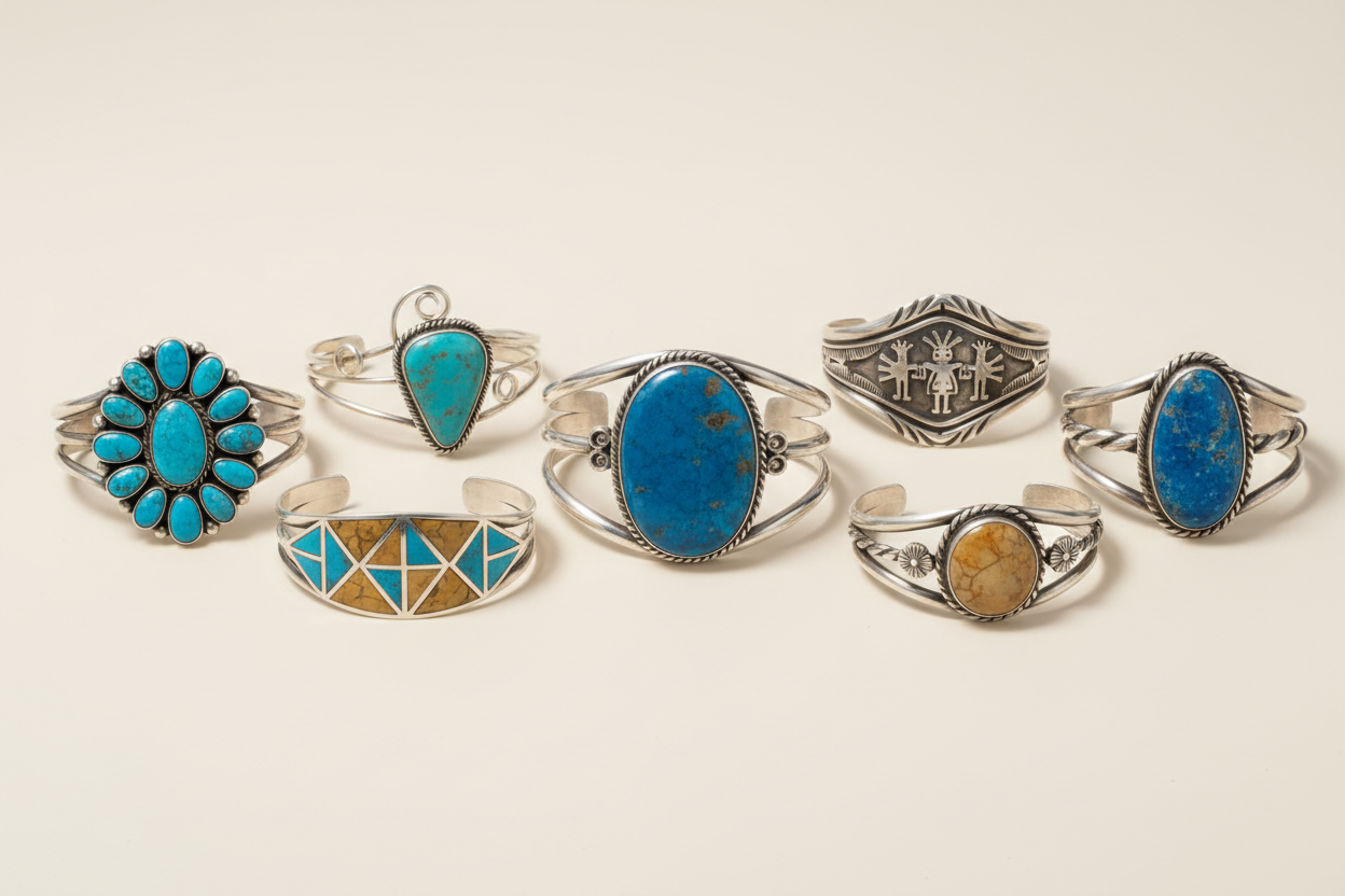 Create a minimalistic horizontal banner image for a Native American turquoise cuff bracelet collection.
Image size 800px width × 400px height.

Display a curated selection of sterling silver turquoise cuff bracelets with visible variety — heavy cuffs, cluster styles, inlay cuffs, wire and overlay designs, twisted and braided silver work, vintage and estate pieces.
Include natural turquoise stones such as Golden Hill, Kingman, Royston, Sleeping Beauty, Sonoran Gold, Pilot Mountain, Blue Moon, Morenci, and ot