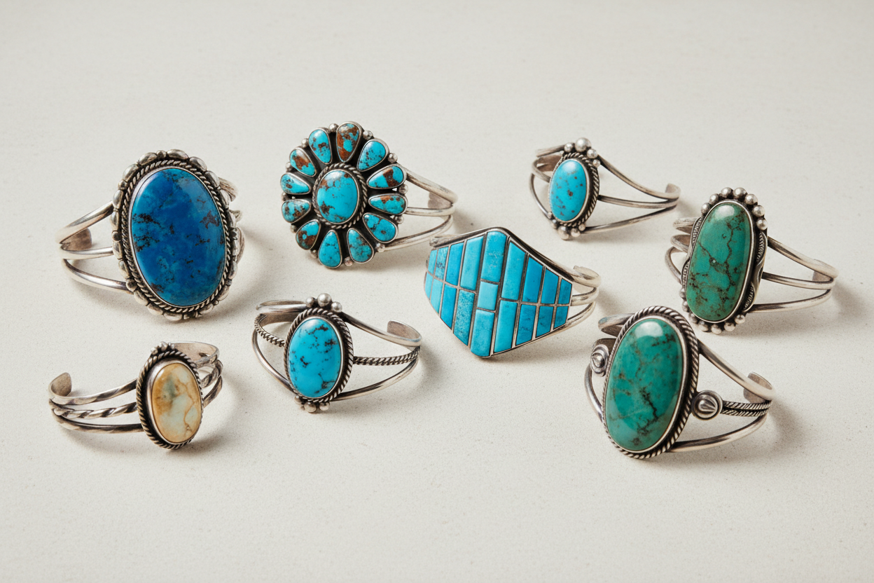 Create a minimalistic horizontal banner image for a Native American turquoise cuff bracelet collection.
Image size 800px width × 400px height.

Display a curated selection of sterling silver turquoise cuff bracelets with visible variety — heavy cuffs, cluster styles, inlay cuffs, wire and overlay designs, twisted and braided silver work, vintage and estate pieces.
Include natural turquoise stones such as Golden Hill, Kingman, Royston, Sleeping Beauty, Sonoran Gold, Pilot Mountain, Blue Moon, Morenci, and ot