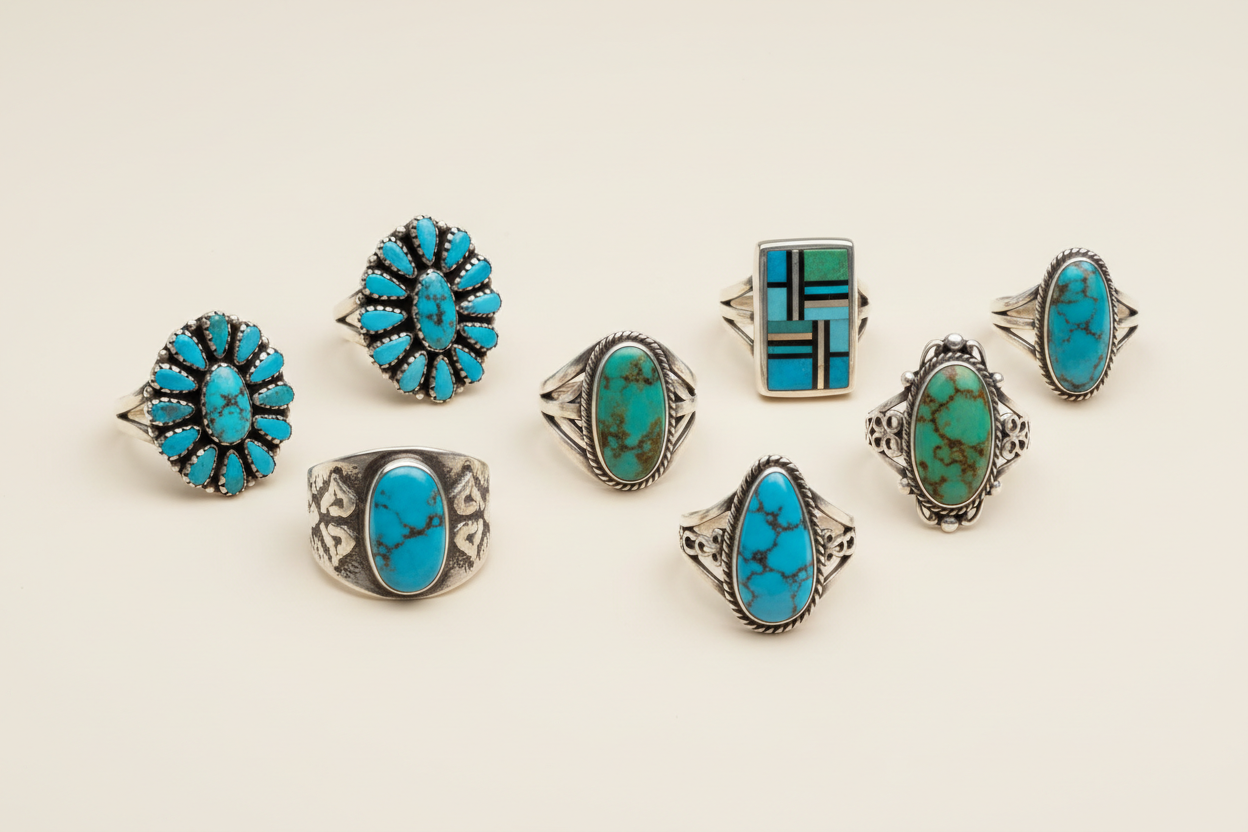 Create a minimalistic horizontal banner image for a Native American turquoise ring collection.
Image size 800px width × 400px height.

Show multiple sterling silver turquoise rings with variation in stone type and craftsmanship — cluster rings, inlay rings, tufa cast styles, vintage and estate designs.
Stones include natural turquoise varieties such as Kingman, Royston, Golden Hill, Sonoran Gold, Egyptian, and Cloud Mountain.

Rings are arranged with generous spacing, partially overlapping but never clutter