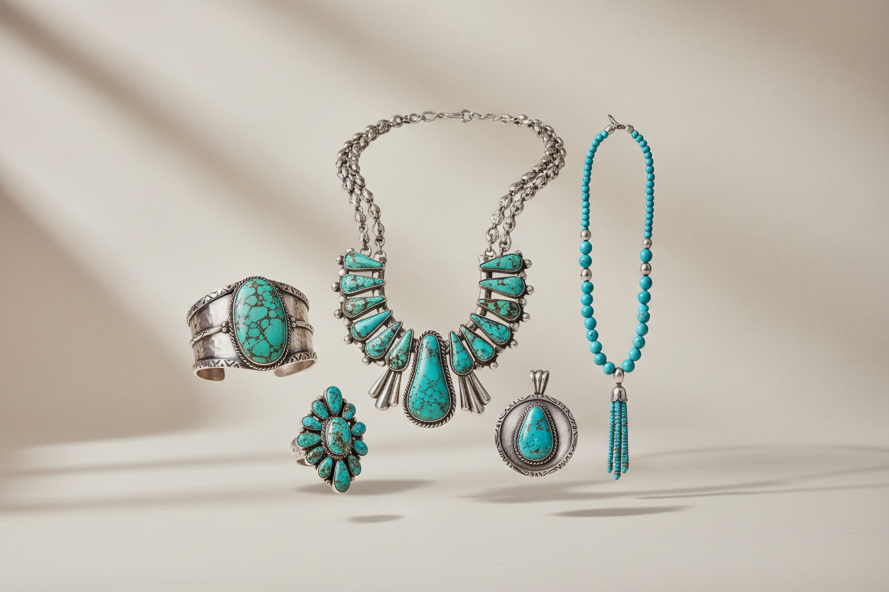 Create a minimalistic horizontal banner, size 800×400 px, showcasing a premium Native American turquoise jewelry brand.

Display a curated selection of signature pieces — squash blossom necklace, lariat necklace, turquoise cuff bracelet, statement ring, and a sterling silver pendant — arranged with balanced spacing and strong visual hierarchy.
Jewelry appears naturally placed and slightly floating, never crowded.

All pieces are crafted from authentic turquoise stones with visible natural matrix and hand-wo