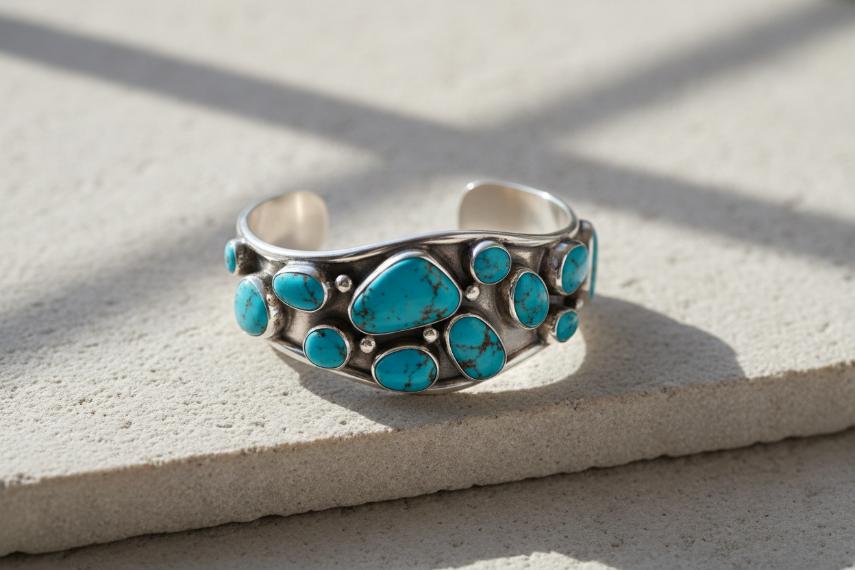 Elegant product display on light stone slab with shadow: sterling silver cuff bracelet with clustered turquoise stones, gentle overhead softbox lighting, calm composition.