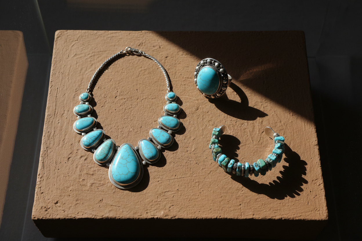 Flat lay composition of assorted turquoise jewelry pieces (necklace, ring, bracelet) on warm neutral clay-tone surface, soft natural light, frame like a museum exhibit — deep shadows, crisp highlights.