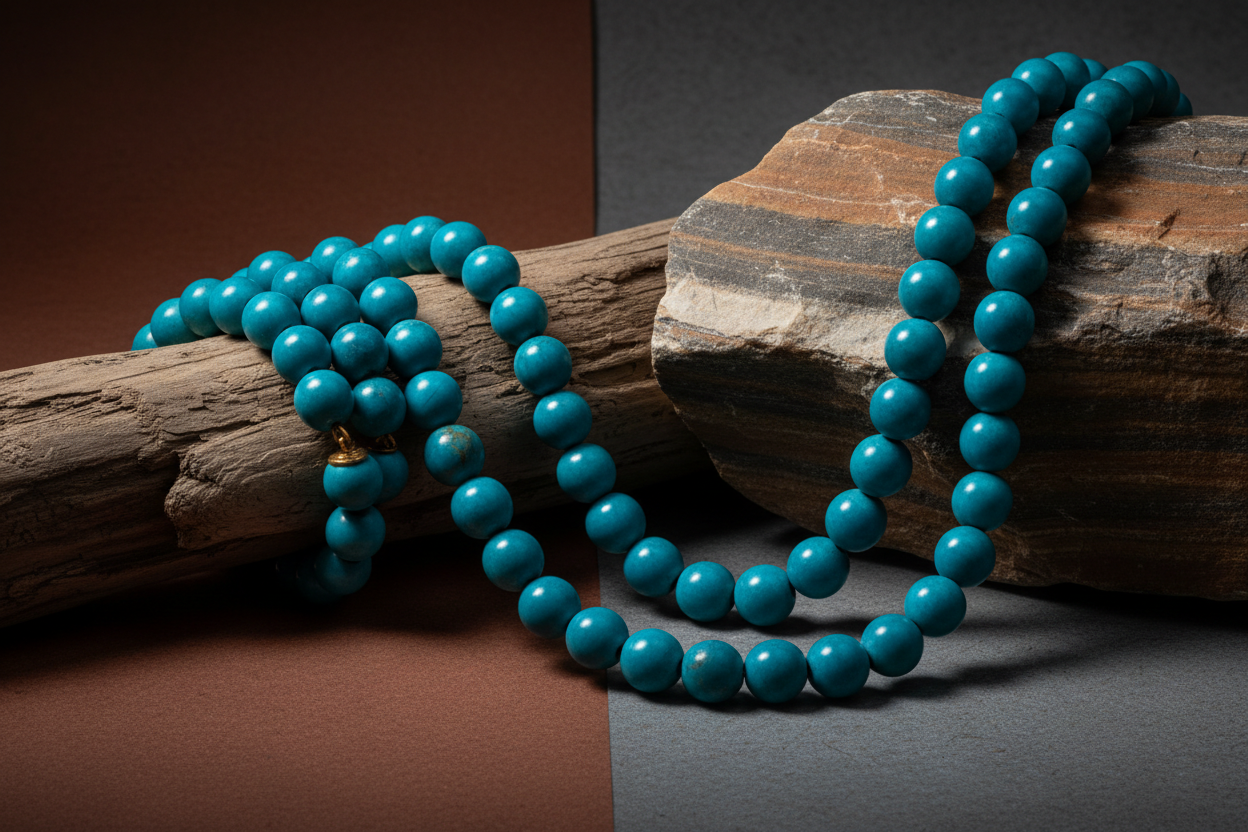 High-contrast beauty shot of turquoise bead necklace draped over raw stone or driftwood, rich blues and teals pop, deep earth tones background, gallery mood.