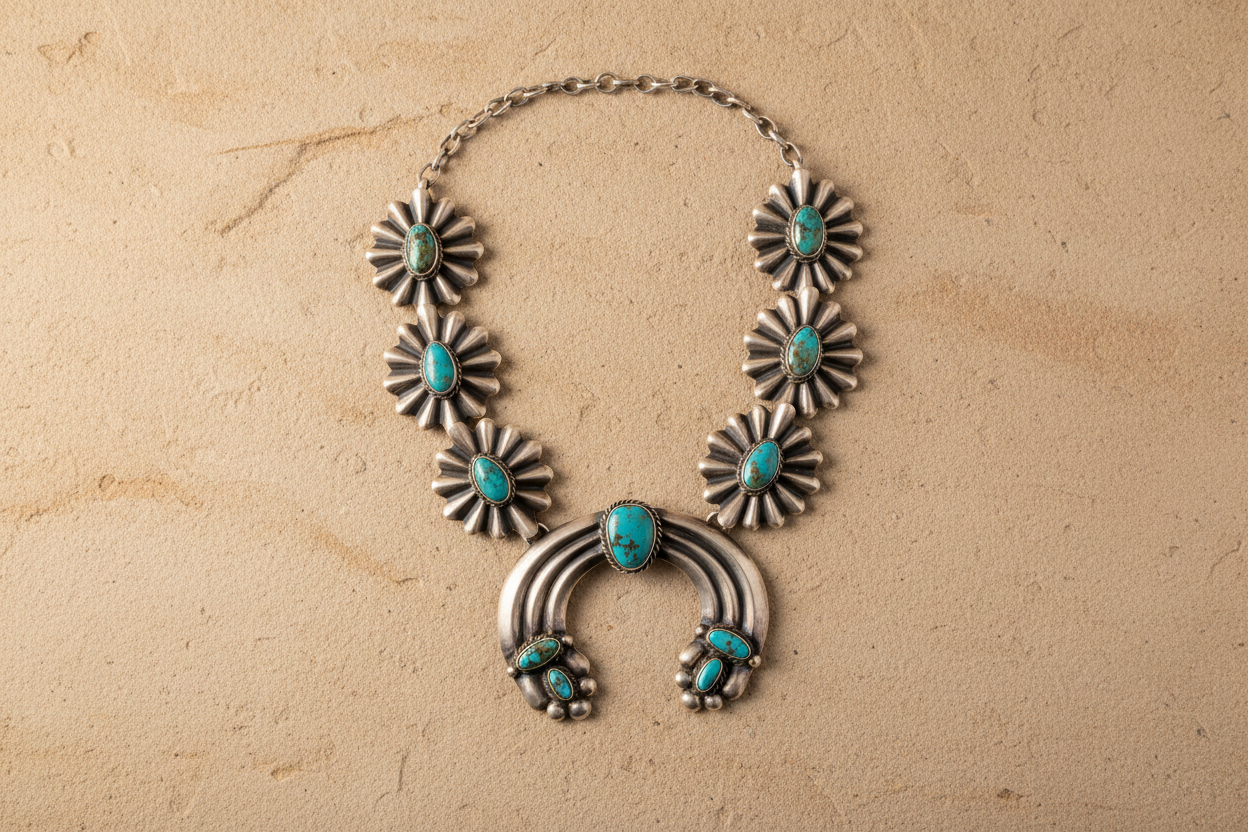 Minimalistic horizontal banner, size 800×400.
Show a traditional Native American squash blossom necklace set made of sterling silver and natural turquoise.
Focus on the naja centerpiece and symmetrical blossom design.
Turquoise looks natural with real matrix, silver appears hand-crafted and slightly aged.
Neutral sandstone or clay background, soft warm lighting.
No models, no text, no props.
Timeless, authentic, museum-quality aesthetic.