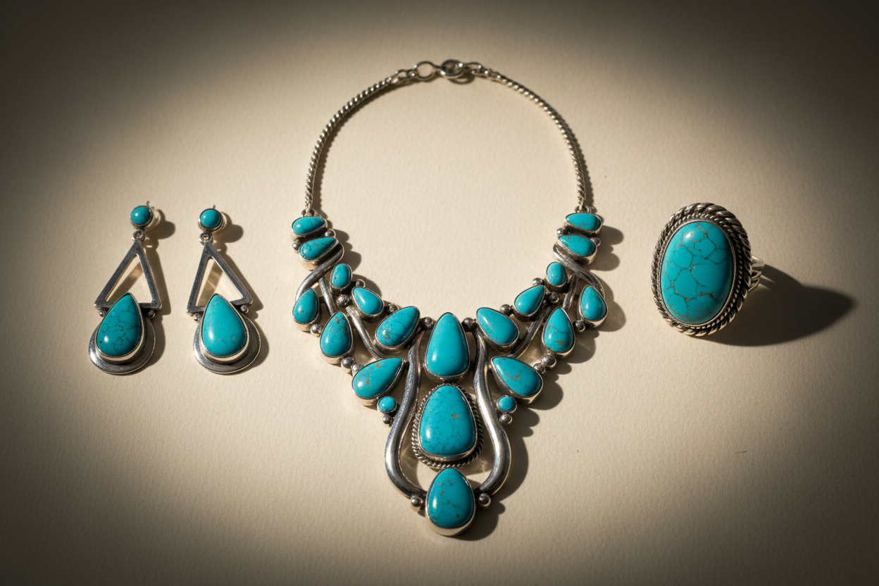 Museum-gallery style: three pieces (necklace, earrings, ring) arranged with generous negative space on cream art board, subtle vignette, refined lighting, editorial quality.