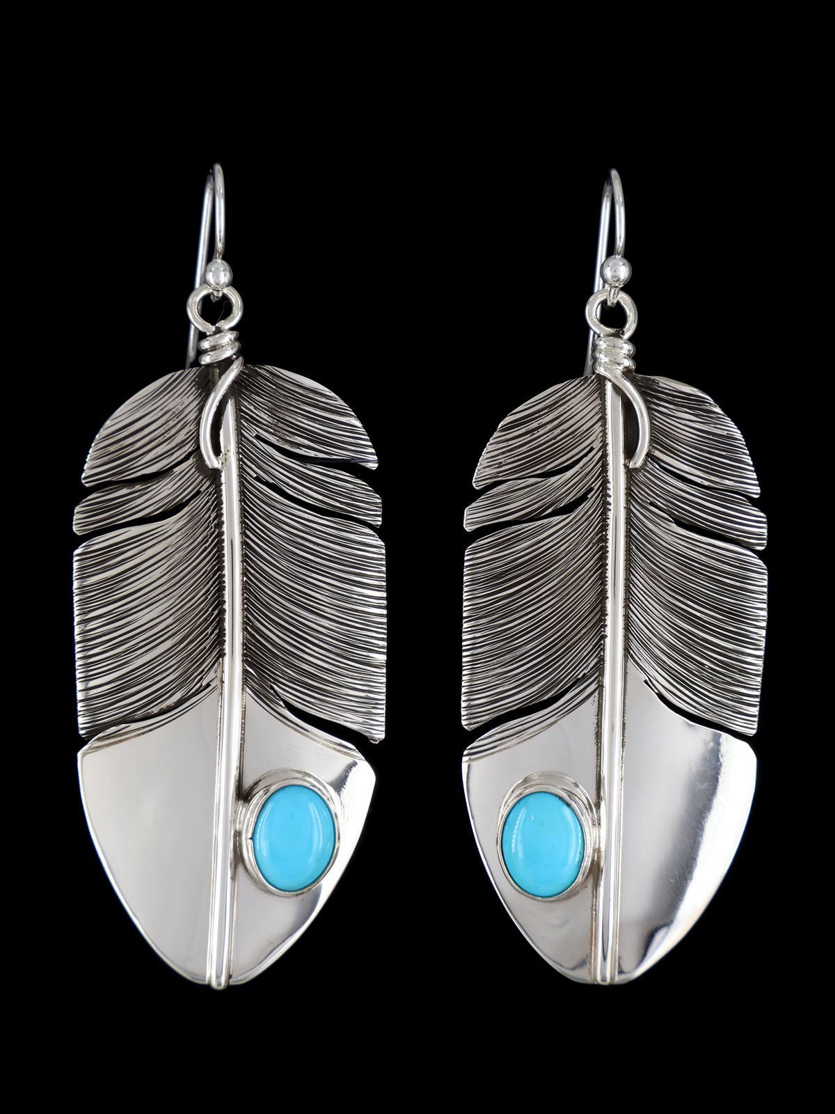 Native American Sterling Silver Turquoise Dangle Feather Earrings - PuebloDirect.com