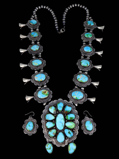 Native American Sonoran Gold Turquoise Sterling Silver Squash Blossom Necklace Set - PuebloDirect.com