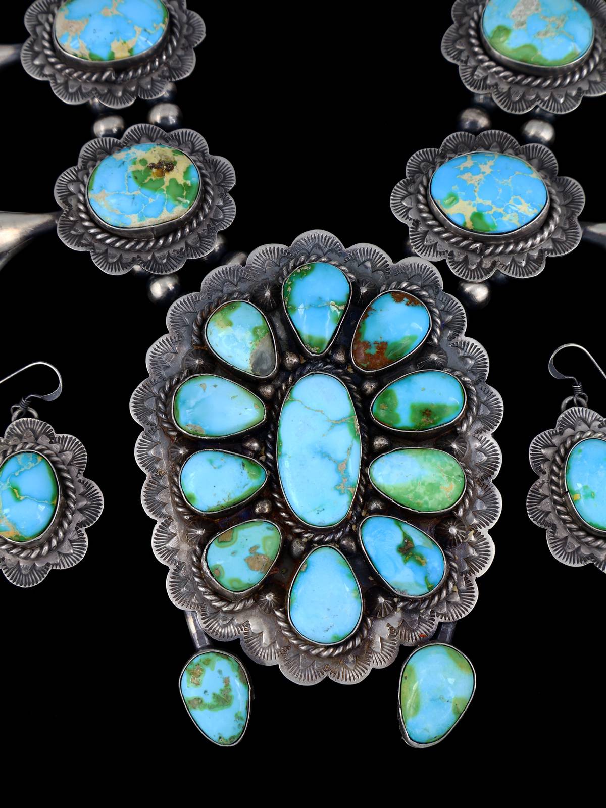 Native American Sonoran Gold Turquoise Sterling Silver Squash Blossom Necklace Set - PuebloDirect.com