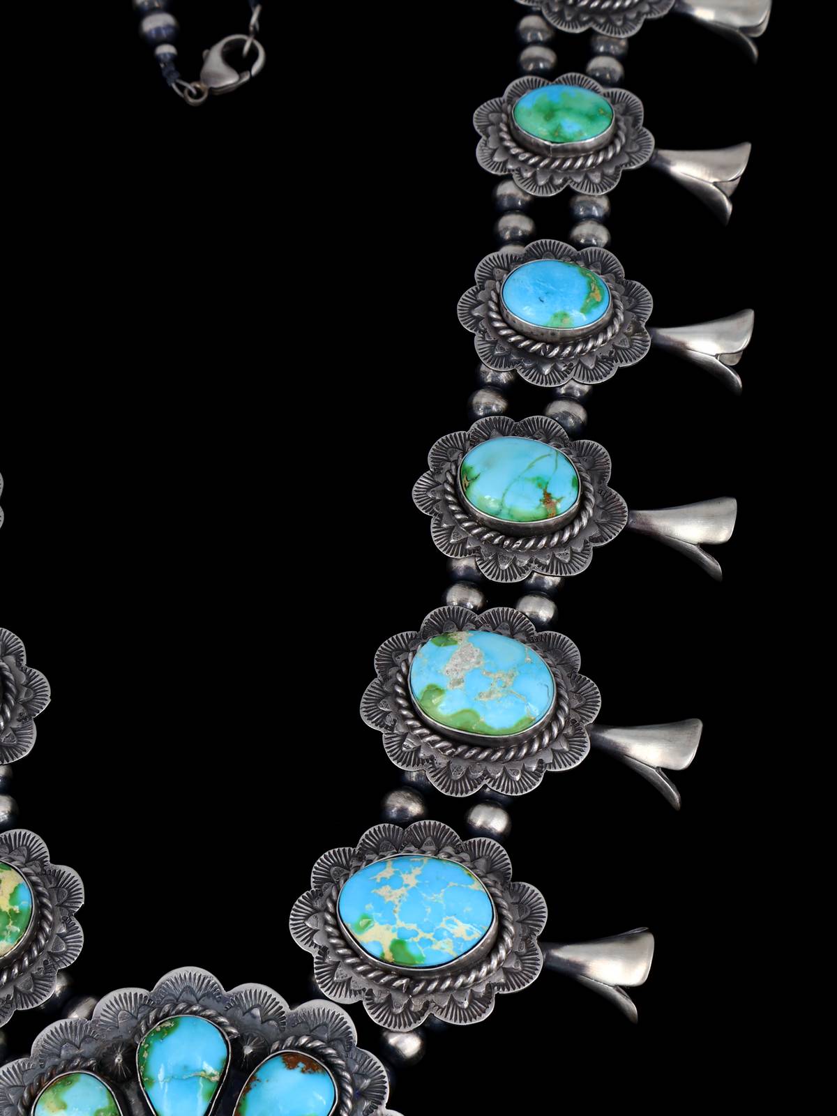 Native American Sonoran Gold Turquoise Sterling Silver Squash Blossom Necklace Set - PuebloDirect.com