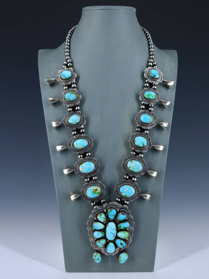 Native American Sonoran Gold Turquoise Sterling Silver Squash Blossom Necklace Set - PuebloDirect.com