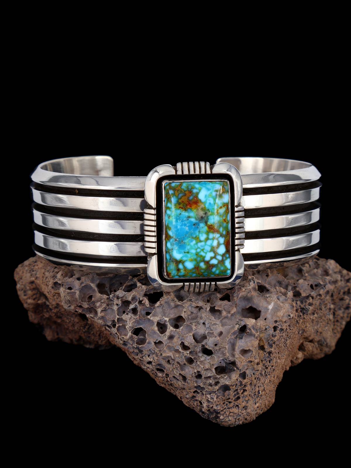 Native American Jewelry Kingman Turquoise Sterling Silver Cuff Bracelet - PuebloDirect.com