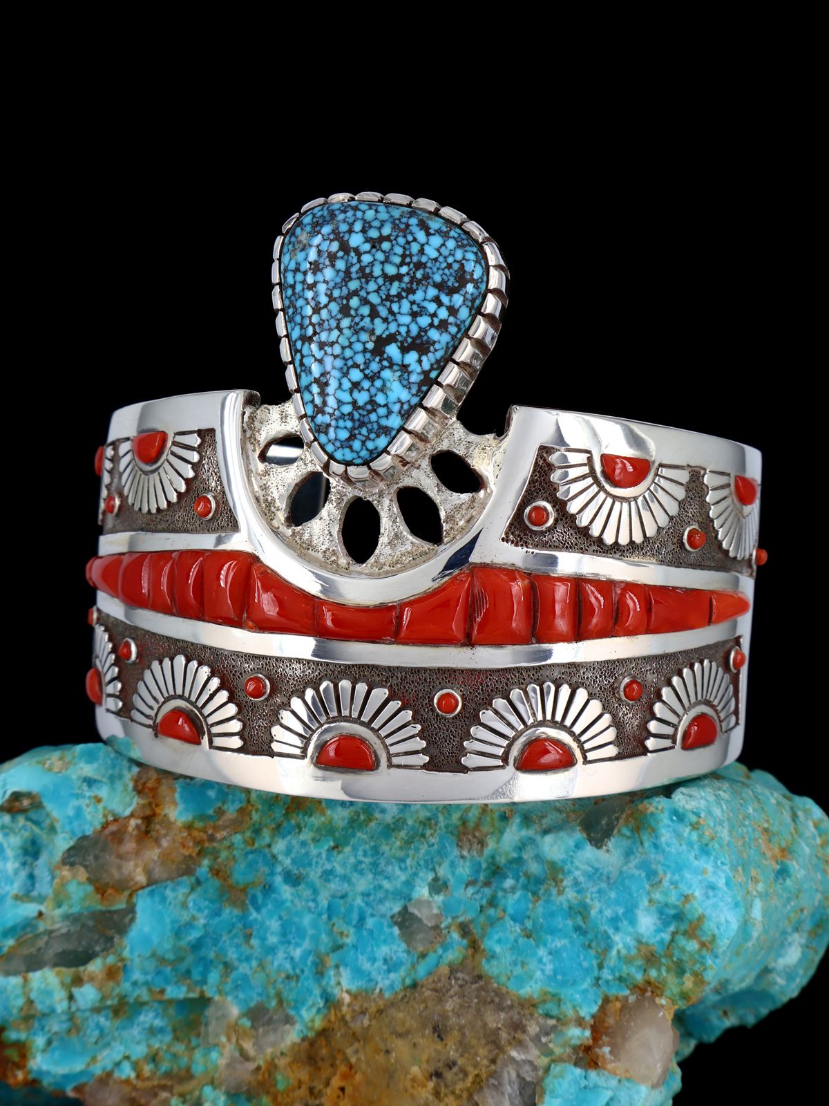 Native American Sterling Silver Kingman Turquoise and Coral Inlay Cuff Bracelet - PuebloDirect.com