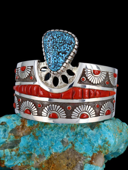 Native American Sterling Silver Kingman Turquoise and Coral Inlay Cuff Bracelet - PuebloDirect.com