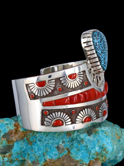 Native American Sterling Silver Kingman Turquoise and Coral Inlay Cuff Bracelet - PuebloDirect.com