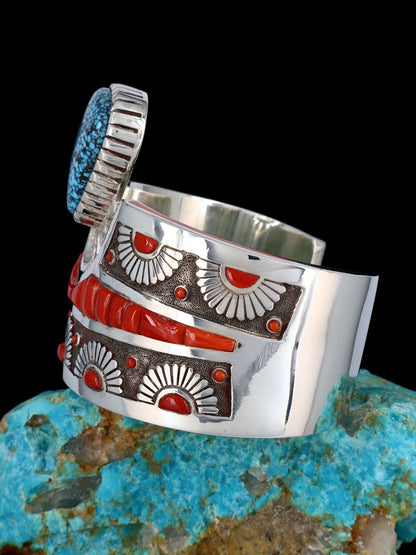 Native American Sterling Silver Kingman Turquoise and Coral Inlay Cuff Bracelet - PuebloDirect.com
