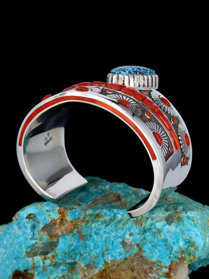 Native American Sterling Silver Kingman Turquoise and Coral Inlay Cuff Bracelet - PuebloDirect.com