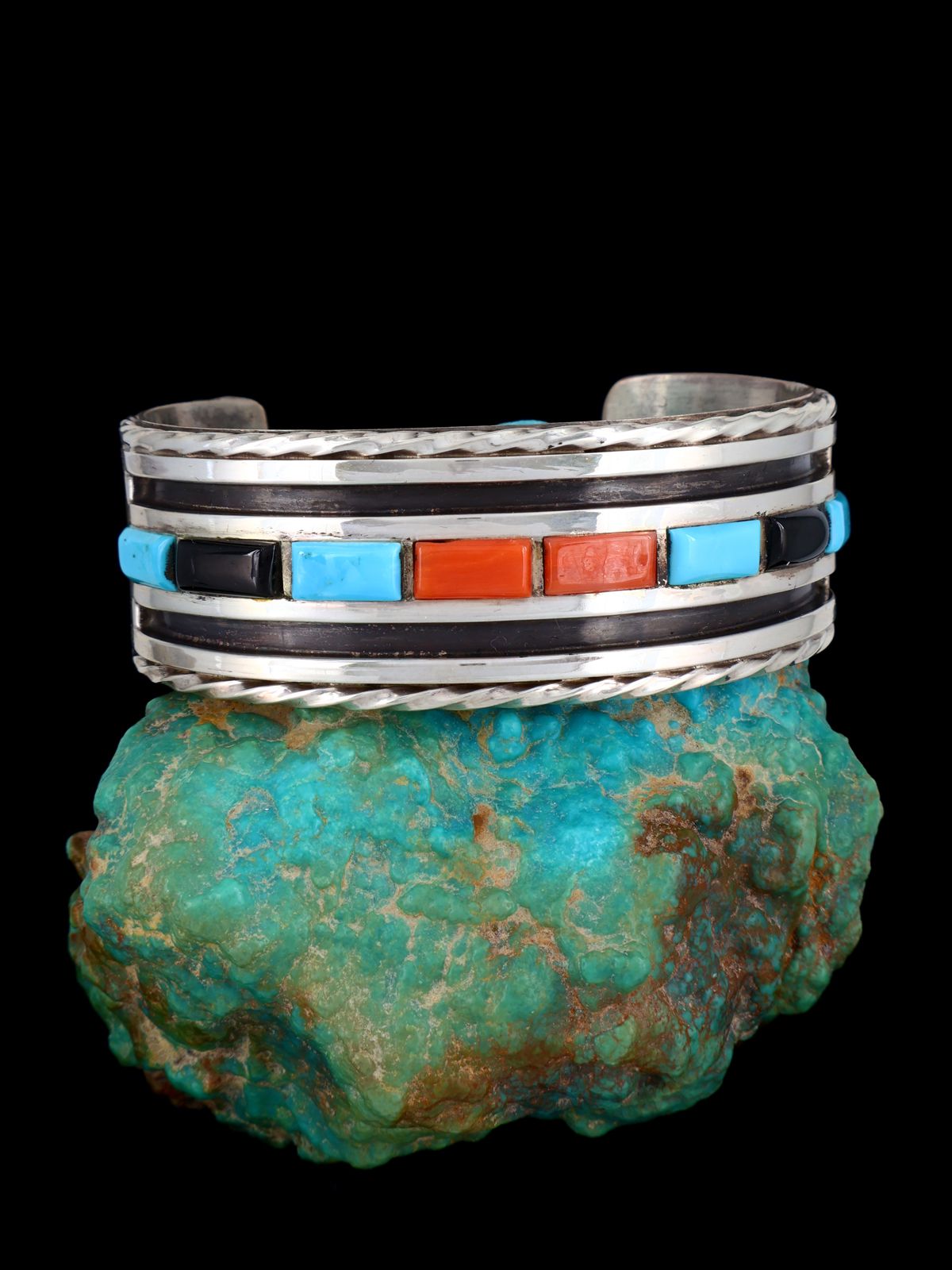 Estate Vintage Native American Sterling Silver Inlay Cuff Bracelet - PuebloDirect.com