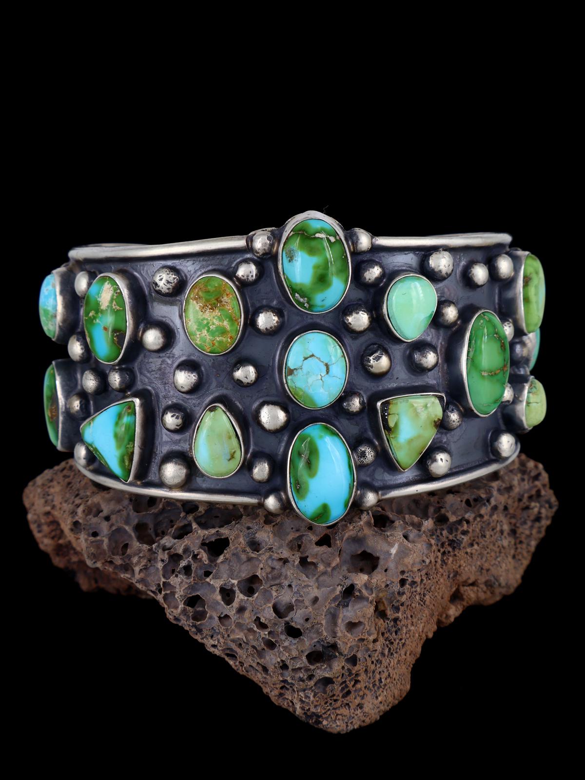 Navajo Sonoran Gold Turquoise Cluster Sterling Silver Cuff Bracelet - PuebloDirect.com