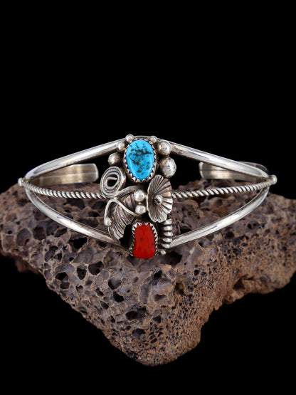Native American Sterling Silver Turquoise and Coral Cuff Bracelet