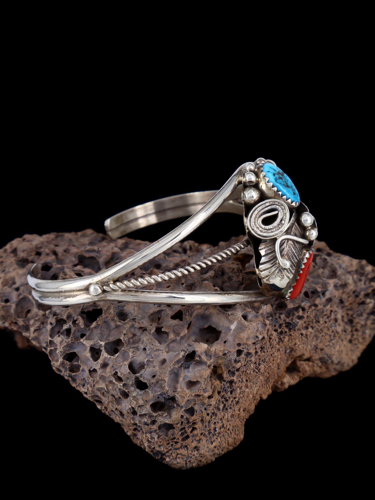 Native American Sterling Silver Turquoise and Coral Cuff Bracelet