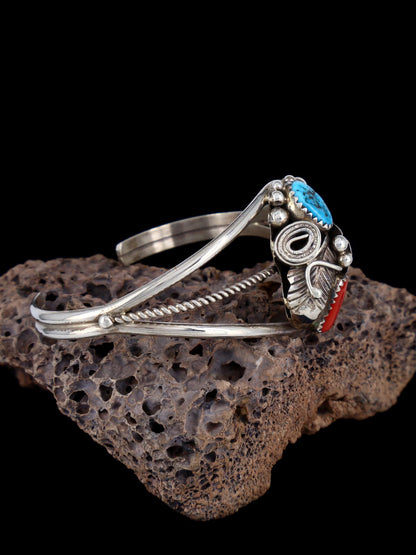 Native American Sterling Silver Turquoise and Coral Cuff Bracelet